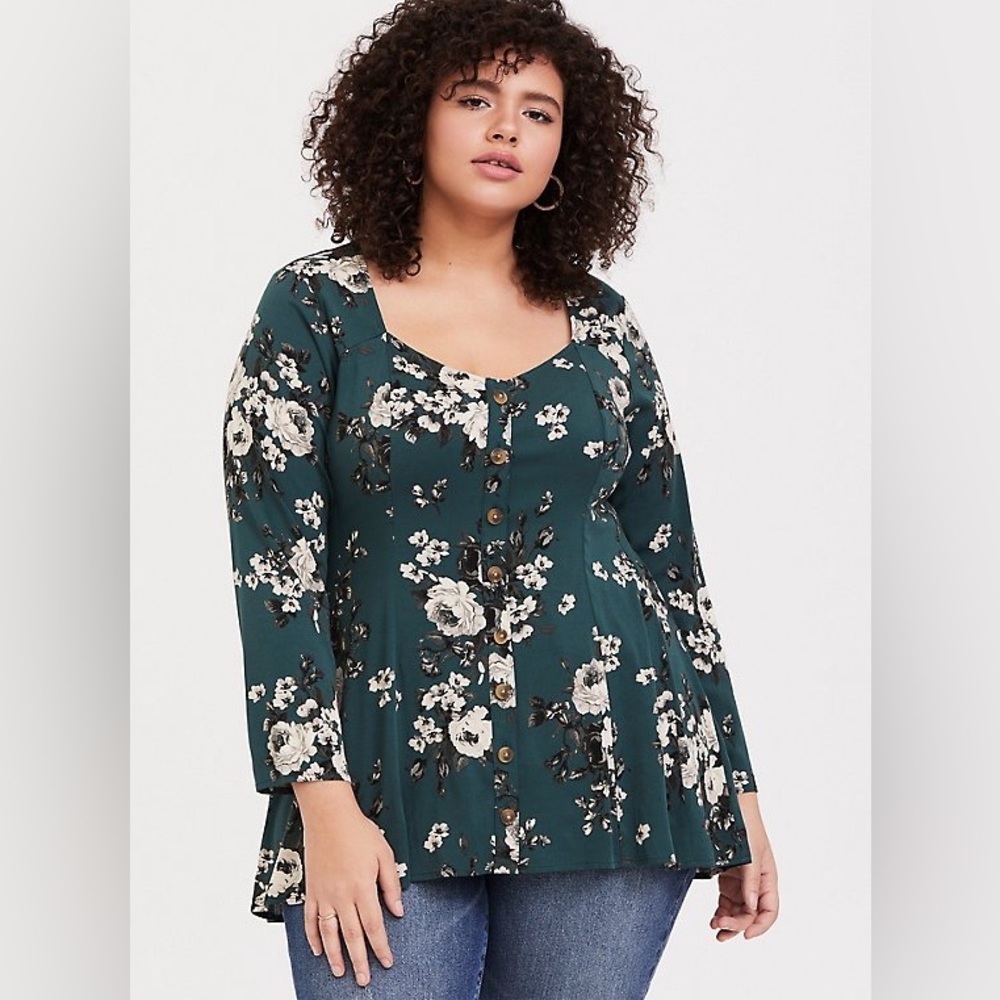 Torrid Dark Teal long sleeve Blouse with Off-White Floral Print size 0